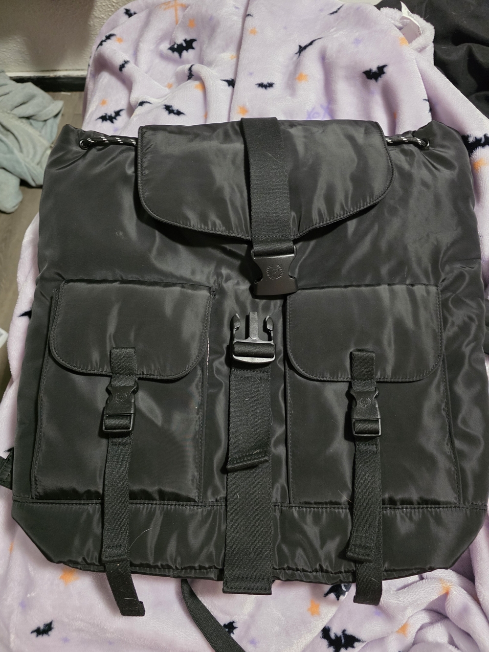 PINK Victoria's Secret Black Nylon Drawstring Flap Backpack